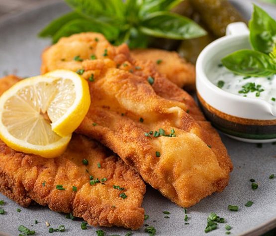 Pescado empanizado con crema de albahaca y limón